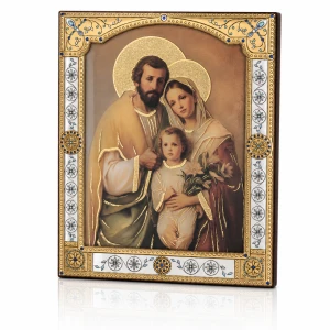 Ikona Świętej Rodziny za szkłem – złocona rama 17 × 21 cm