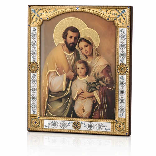 Ikona Świętej Rodziny za szkłem – złocona rama 17 × 21 cm