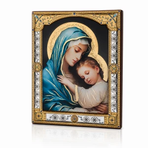 Ikona Matki Bożej Czułości z Dzieciątkiem za szkłem – złocona rama 17 × 20 cm