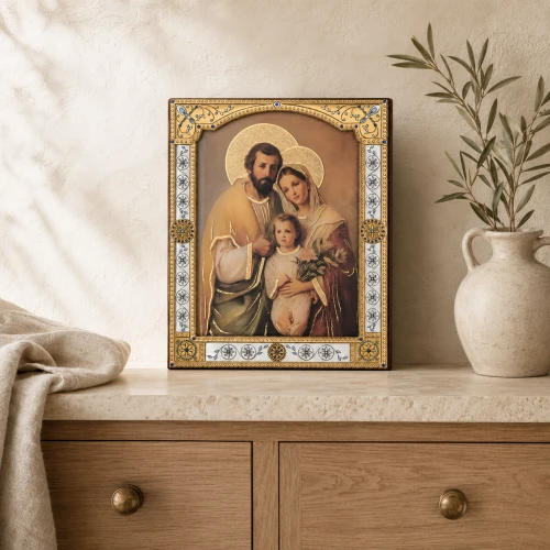 Ikona Świętej Rodziny za szkłem – złocona rama 17 × 21 cm