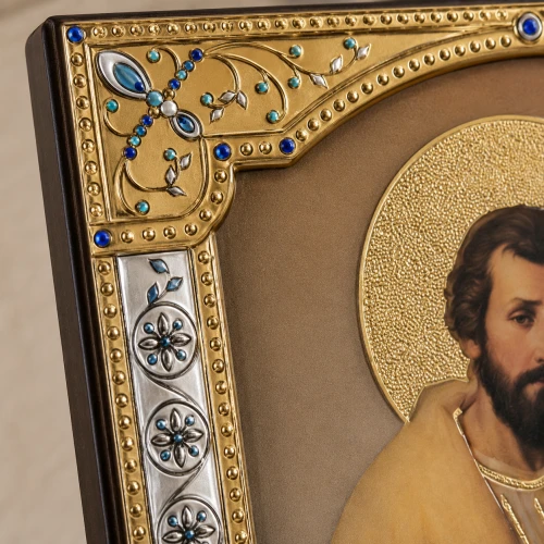 Ikona Świętej Rodziny za szkłem – złocona rama 17 × 21 cm