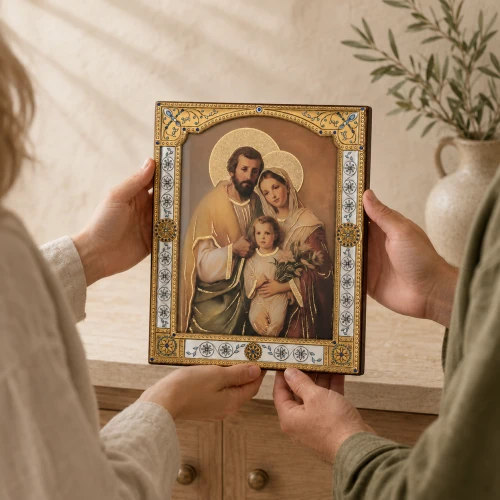 Ikona Świętej Rodziny za szkłem – złocona rama 17 × 21 cm