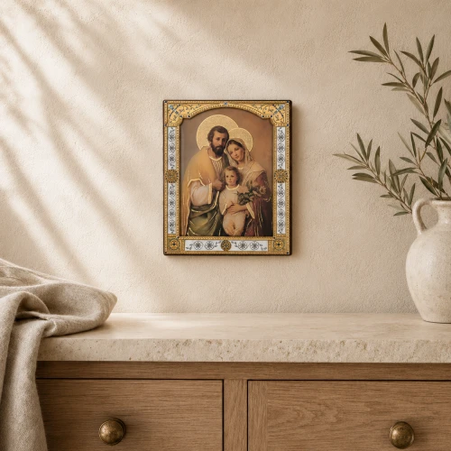 Ikona Świętej Rodziny za szkłem – złocona rama 17 × 21 cm