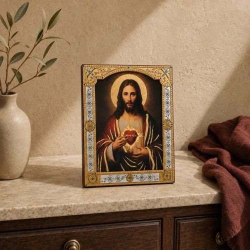 Ikona Najświętszego Serca Pana Jezusa za szkłem – złocona rama 17 × 21 cm