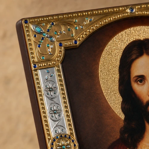 Ikona Najświętszego Serca Pana Jezusa za szkłem – złocona rama 17 × 21 cm