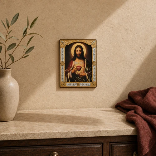 Ikona Najświętszego Serca Pana Jezusa za szkłem – złocona rama 17 × 21 cm