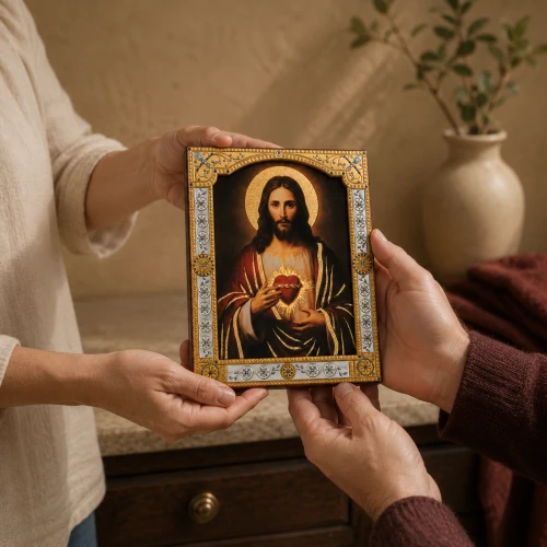 Ikona Najświętszego Serca Pana Jezusa za szkłem – złocona rama 17 × 21 cm