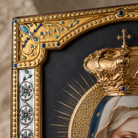 Ikona Matki Bożej Fatimskiej za szkłem – złocona rama 17 × 21 cm