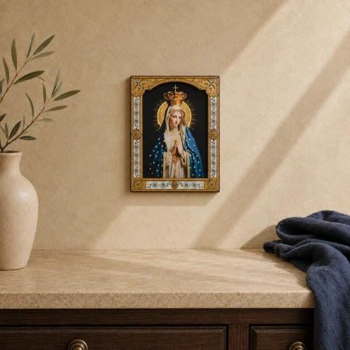 Ikona Matki Bożej Fatimskiej za szkłem – złocona rama 17 × 21 cm