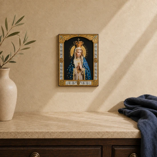 Ikona Matki Bożej Fatimskiej za szkłem – złocona rama 17 × 21 cm