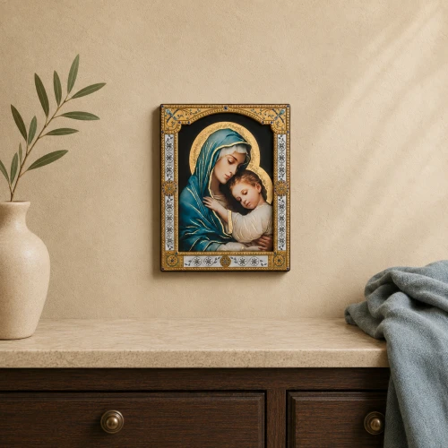 Ikona Matki Bożej Czułości z Dzieciątkiem za szkłem – złocona rama 17 × 20 cm