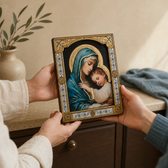 Ikona Matki Bożej Czułości z Dzieciątkiem za szkłem – złocona rama 17 × 20 cm