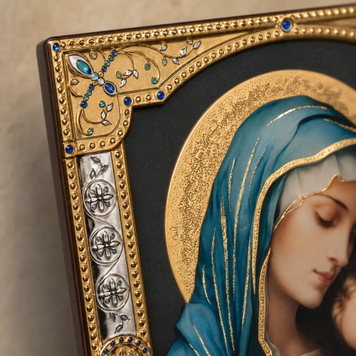 Ikona Matki Bożej Czułości z Dzieciątkiem za szkłem – złocona rama 17 × 20 cm
