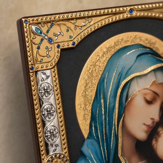 Ikona Matki Bożej Czułości z Dzieciątkiem za szkłem – złocona rama 17 × 20 cm