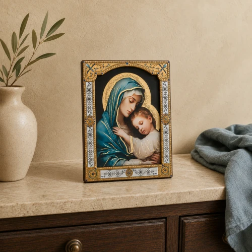 Ikona Matki Bożej Czułości z Dzieciątkiem za szkłem – złocona rama 17 × 20 cm