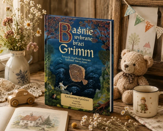 „Baśnie wybrane braci Grimm” w twardej oprawie z personalizowaną tabliczką umieszczoną na okładce.