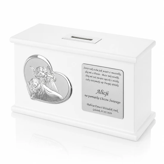Skarbonka na Chrzest Święty z Aniołem Stróżem i personalizowanym grawerem – wyjątkowa pamiątka dla dziecka.