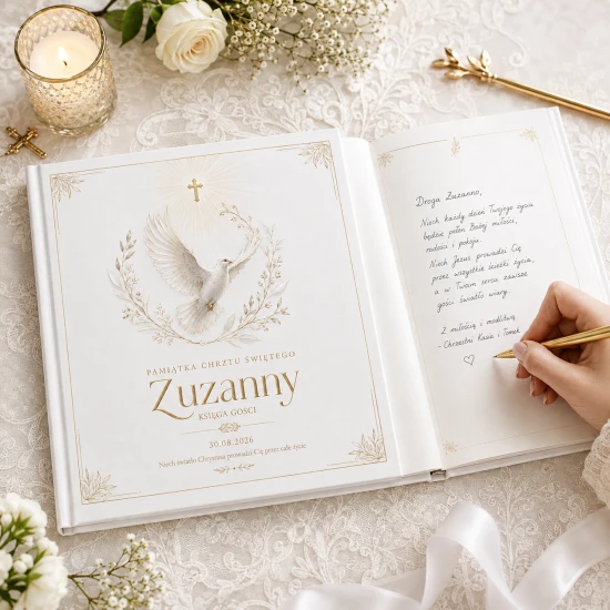 Księga gości na Chrzest COLUMBA™ – gołębica, krzyż i personalizacja