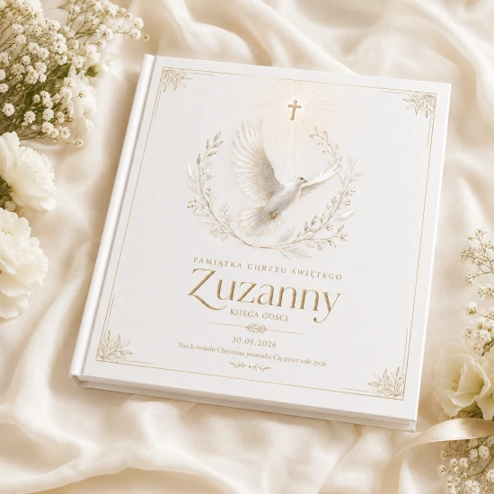 Księga gości na Chrzest COLUMBA™ – gołębica, krzyż i personalizacja