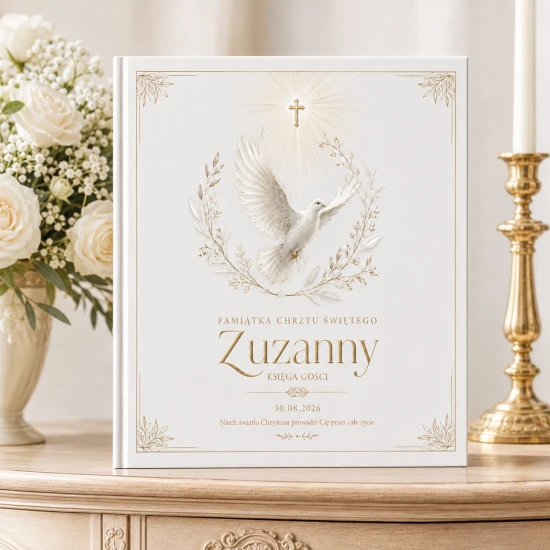 Księga gości na Chrzest COLUMBA™ – gołębica, krzyż i personalizacja
