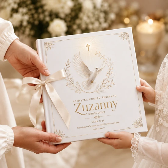 Księga gości na Chrzest COLUMBA™ – gołębica, krzyż i personalizacja