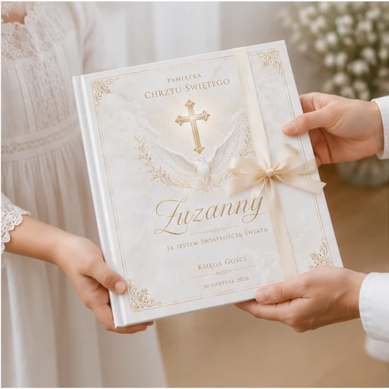 Księga Chrztu Świętego SACRA™ z gołębicą – personalizowana księga gości
