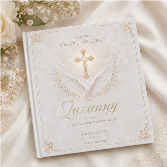 Księga Chrztu Świętego SACRA™ z gołębicą – personalizowana księga gości