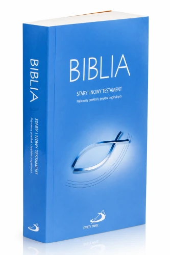Biblia „z rybką” – Stary i Nowy Testament w niebieskiej, miękkiej oprawie z paginatorami.