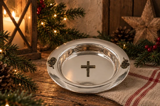Miseczka na wodę święconą w srebrnym kolorze, ozdobiona religijnym motywem krzyża.