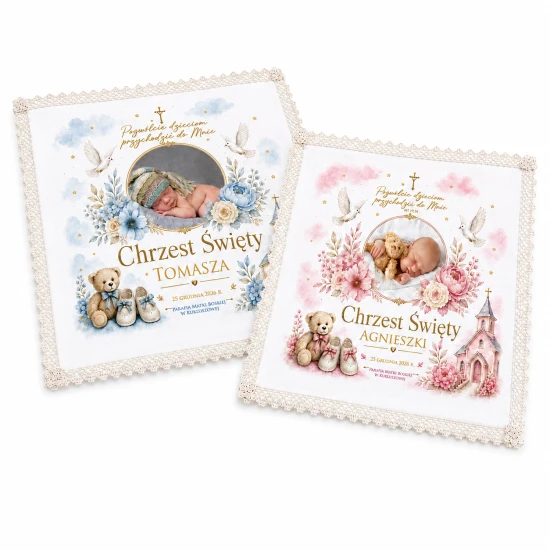 Personalizowana szatka chrzcielna Dziecko Boże ze zdjęciem dziecka, pastelowym nadrukiem i koronką