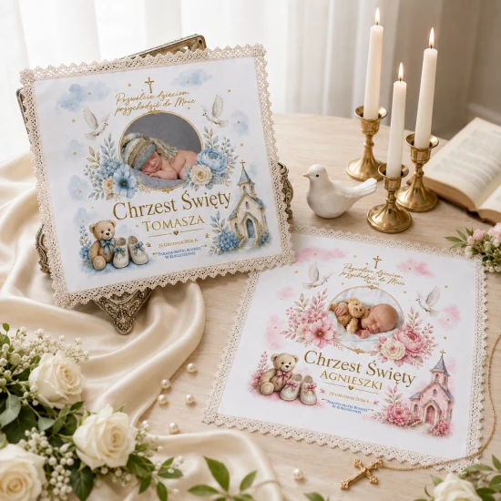 Personalizowana szatka chrzcielna Dziecko Boże ze zdjęciem dziecka, pastelowym nadrukiem i koronką