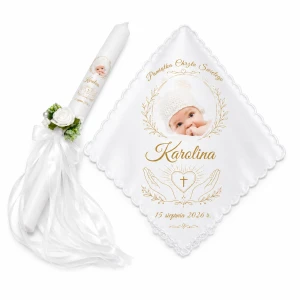 Personalizowany zestaw chrzcielny ze zdjęciem Serce na dłoni™ – świeca i szatka