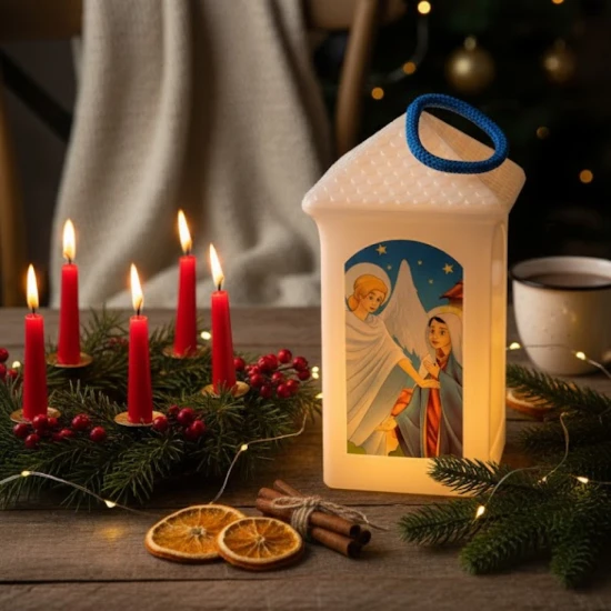 Lampion plastikowy LED na Roraty – biały w aranżacji adwentowej