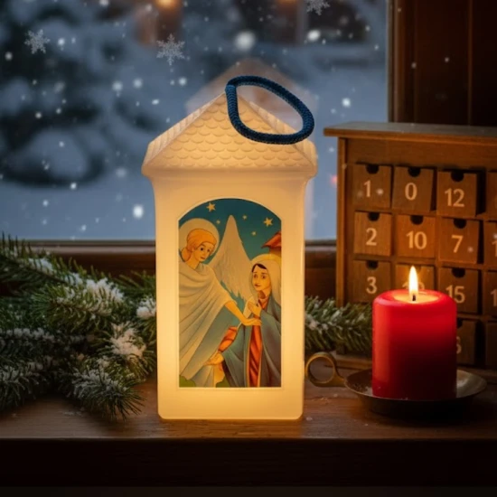 Lampion plastikowy LED na Roraty – biały w aranżacji adwentowej
