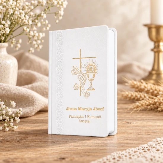 Modlitewnik w twardej oprawie zdobią złote symbole Eucharystii.