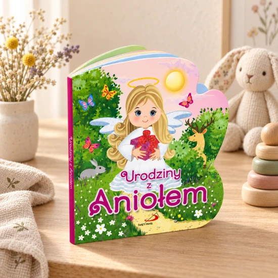 Zaokrąglony kształt książeczki nawiązuje do ilustracji anioła na okładce.