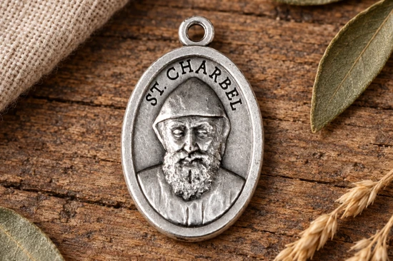 Awers medalika przedstawia św. Charbela oraz napis „St. Charbel”.