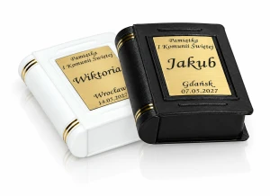 Pudełko na różaniec z imieniem i datą – złoty laminat