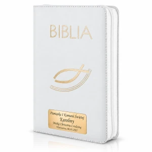 Biblia oprawa - skóra naturalna biała, z suwakiem i grawerem