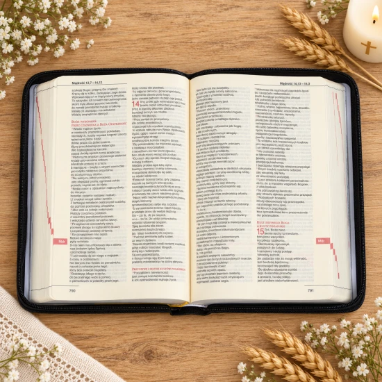 Czarna Biblia w oprawie z ekoskóry z suwakiem, symbolem ryby i dedykacją.