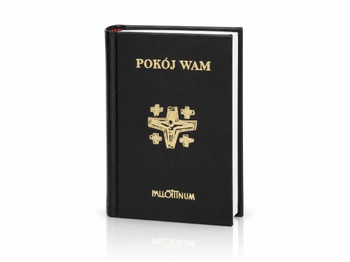 Modlitewnik „Pokój Wam” ma czarną, twardą oprawę ze złotym tytułem.
