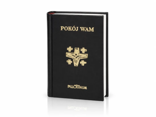 Modlitewnik „Pokój Wam” ma czarną, twardą oprawę ze złotym tytułem.