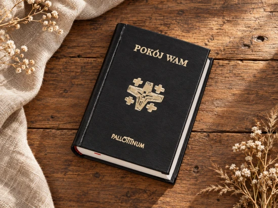 Przednią okładkę zdobi złoty motyw krzyża oraz logo wydawnictwa Pallottinum.