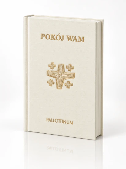 Modlitewnik „Pokój Wam” ma białą, twardą oprawę ze złotym tytułem.