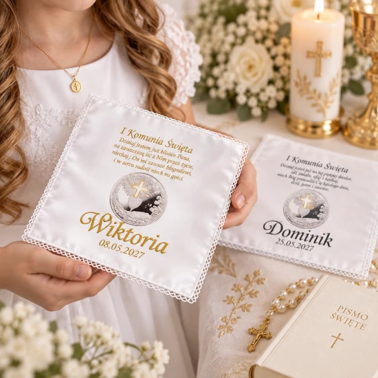 Chusteczka komunijna z emblematem IHS – personalizowana