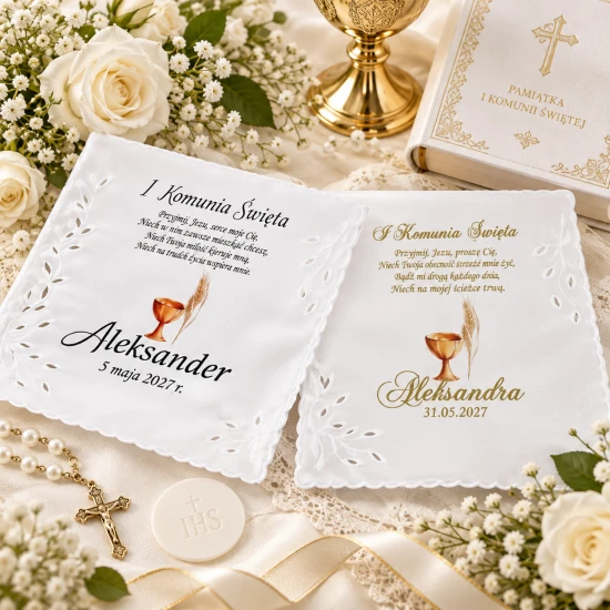 Chusteczka komunijna personalizowana z imieniem datą i wierszem - koronka Richelieu
