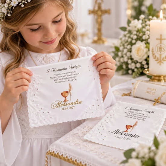 Chusteczka komunijna personalizowana z imieniem datą i wierszem - koronka Richelieu