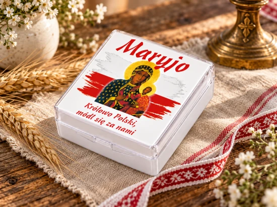 Napis „Maryjo, Królowo Polski, módl się za nami” widoczny na wieku pudełka.