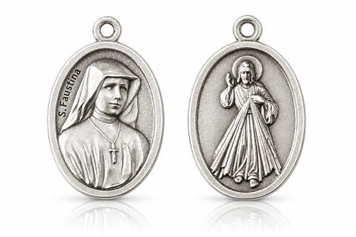 Awers medalika z reliefowym wizerunkiem św. Faustyny i napisem „S. Faustina”.