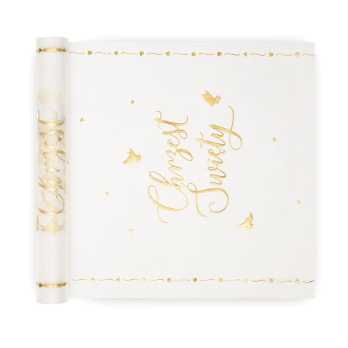Bieżnik na stół Chrzest Święty z gołębicami – biało-złoty 5 m × 30 cm